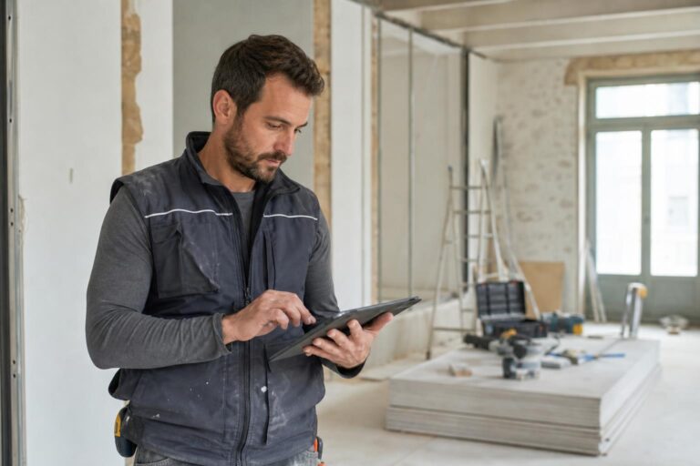 Artisan du bâtiment analysant son planning et le développement de son entreprise