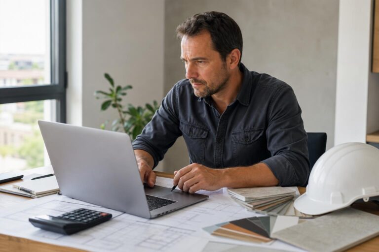 Artisan du bâtiment préparant sur un pc fixe un devis détaillé avec des plans et des échantillons de matériaux