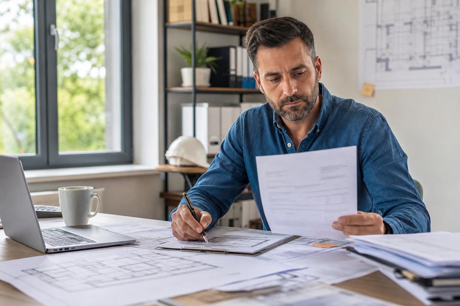 Artisan préparant une lettre de relance pour une facture impayée