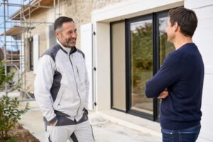 Artisan du bâtiment échangeant avec un client satisfait après la réception d’un chantier