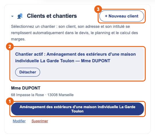 Bloc Clients et chantiers : sélection du chantier actif