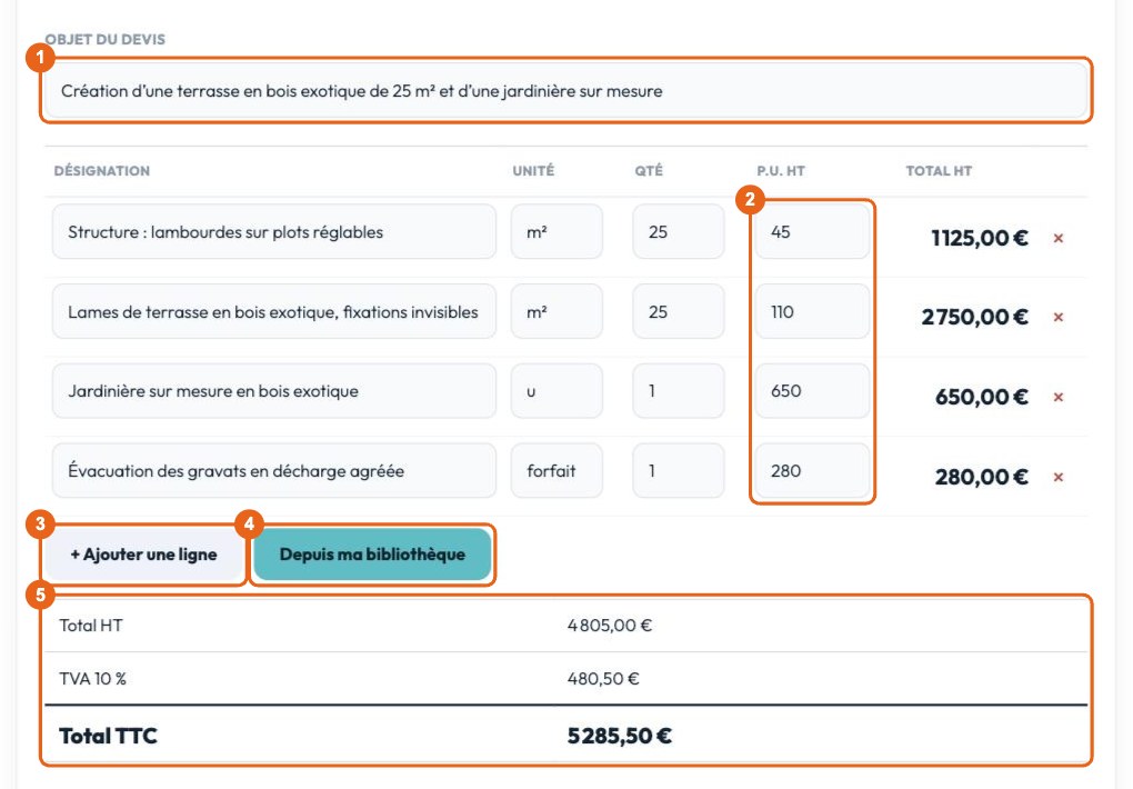 Lignes du devis express modifiables avec totaux