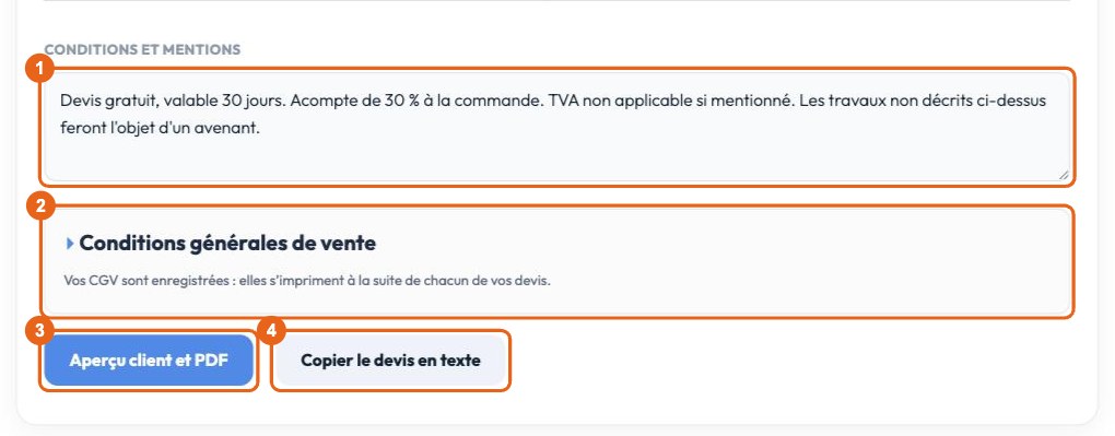 Conditions du devis, CGV et bouton Aperçu client et PDF