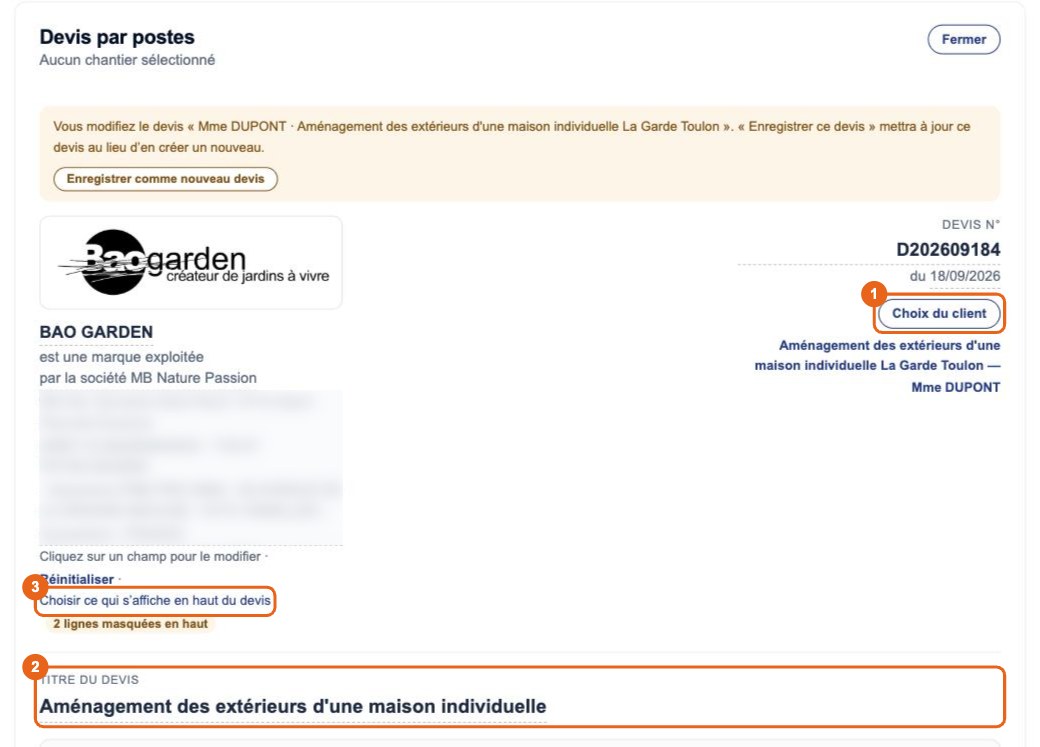 Devis par postes : Préparez l'en-tête du devis
