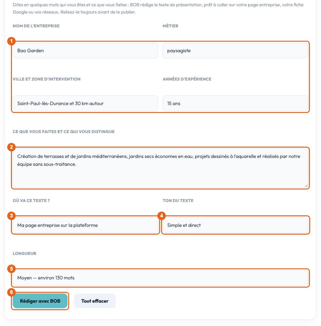 Textes de présentation : Renseignez votre entreprise et lancez BOB