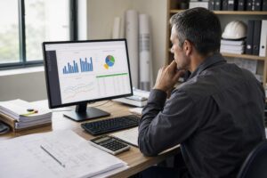 Artisan du bâtiment analysant son chiffre d’affaires, ses marges, son bénéfice et sa trésorerie