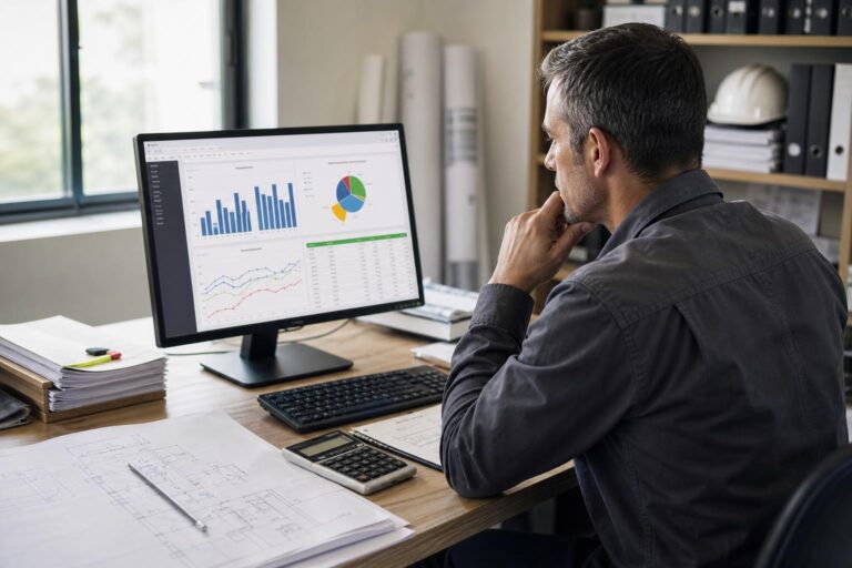 Artisan du bâtiment analysant son chiffre d’affaires, ses marges, son bénéfice et sa trésorerie