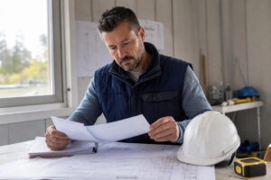 Artisan du bâtiment vérifiant son attestation d’assurance décennale avant un chantier
