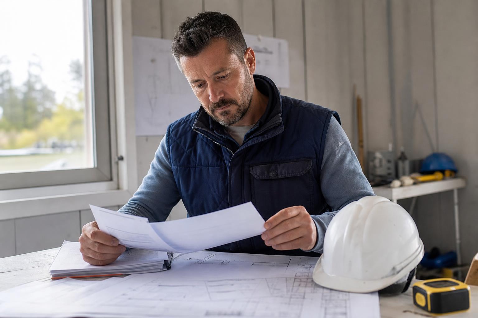 Artisan du bâtiment vérifiant son attestation d’assurance décennale avant un chantier