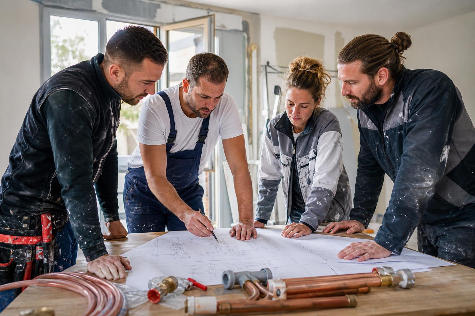 Artisans du BTP échangeant autour d’un projet de chantier