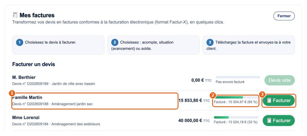 Mes factures : choisissez le devis à facturer