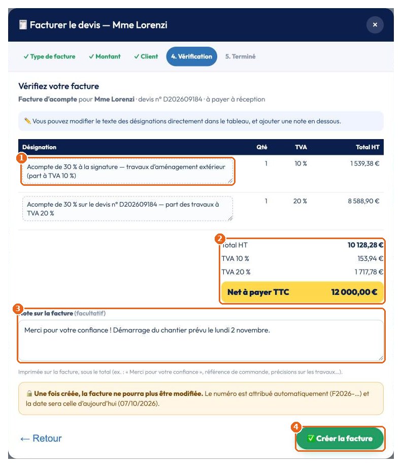Mes factures : vérifiez et créez la facture